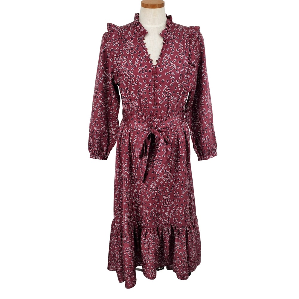 Outerknown Womens Small Maroon Geometric Organic‎ Cotton Silk Ruffle Midi Dress